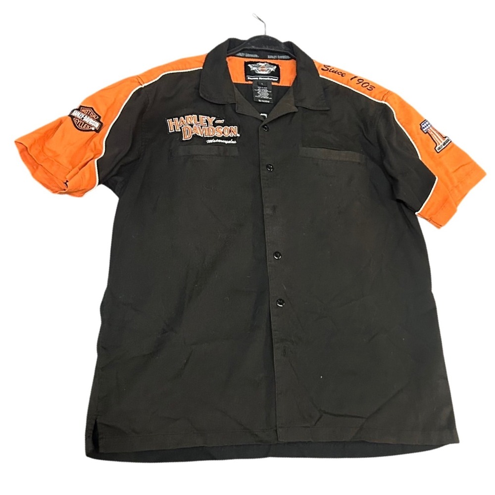 Harley Davidson Mens Black Orange Embroidered Mechanic Work Shirt L 1903 Logo